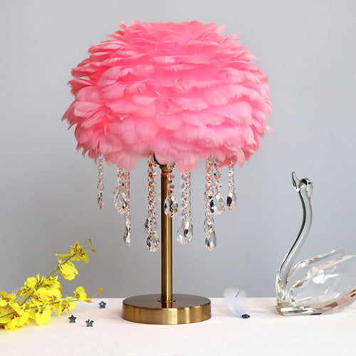 Romantic Dome Lamp - Modern Feather 1-Light Bedside Lamp with Crystal Decor