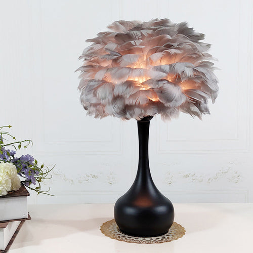 Pink Vase Table Lamp - Modern Bedroom Light with Feather Decoration