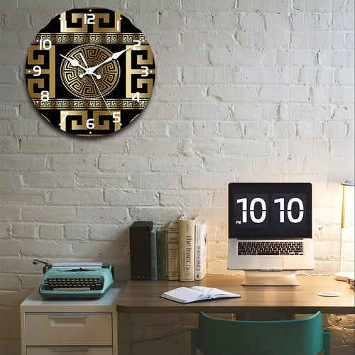Silent Non-Ticking Wooden Wall Clock - Greek Key Design, Quartz Mechanism