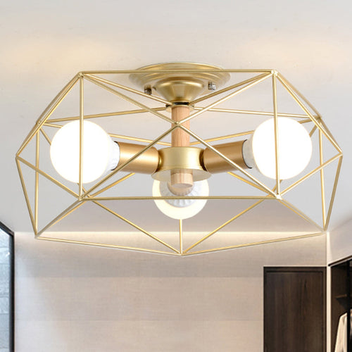 GeoLight - Geometric Semi-Flush Ceiling Light with Wire Cage in Metal
