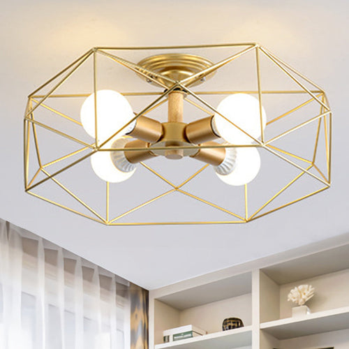 GeoLight - Geometric Semi-Flush Ceiling Light with Wire Cage in Metal