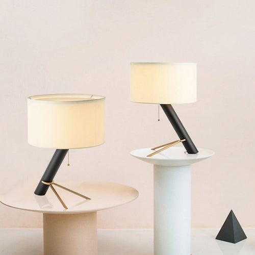 Minimalist Table Lamp with Tripod - Black Metal Lamp with Round Fabric Shade