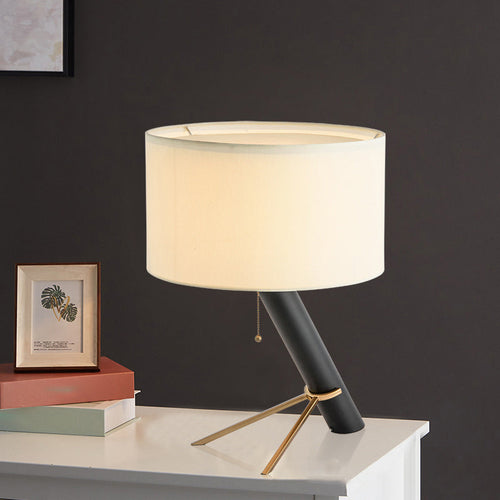 Minimalist Table Lamp with Tripod - Black Metal Lamp with Round Fabric Shade