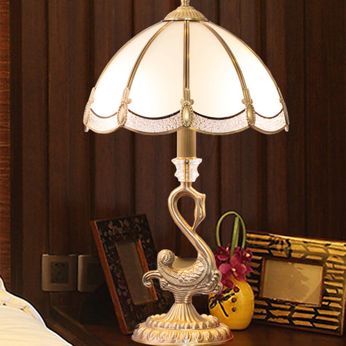 Classic Dome Table Lamp - Brass Night Light with Bird Decoration and White Glass Shade