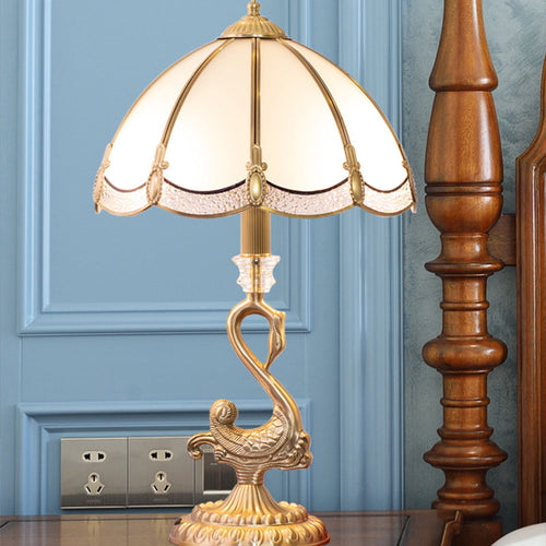Classic Dome Table Lamp - Brass Night Light with Bird Decoration and White Glass Shade
