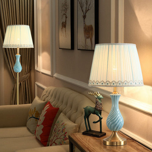 Blue Vase Nightstand Lamp - Modern Ceramic Table Lamp with Pleated Fabric Shade