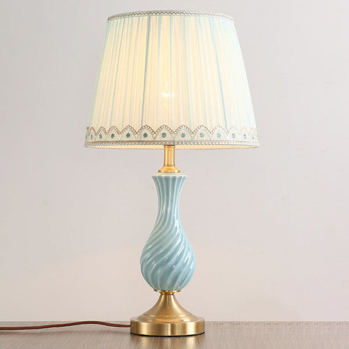 Blue Vase Nightstand Lamp - Modern Ceramic Table Lamp with Pleated Fabric Shade