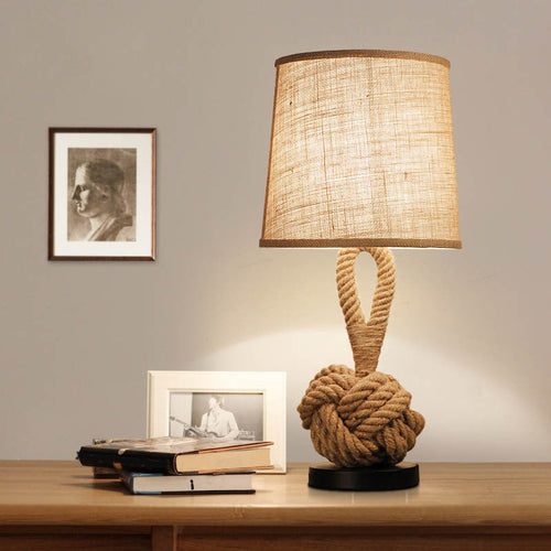 RusticBarrel - Industrial Table Lamp with Flax Shade and Twisted Rope Base