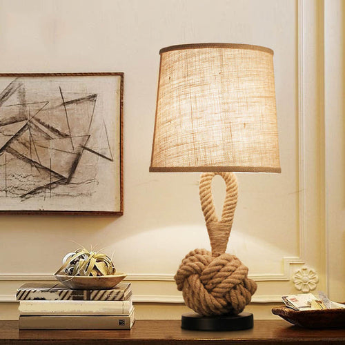 RusticBarrel - Industrial Table Lamp with Flax Shade and Twisted Rope Base