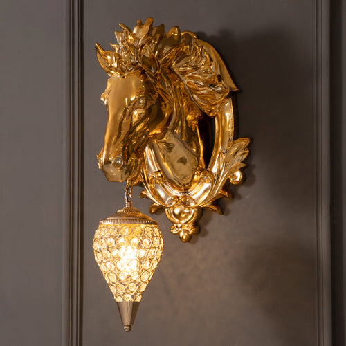 Brass Horse Sconce - Vintage Wall Light with Crystal Shade