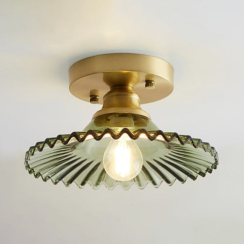 Industrial Semi-Flush Ceiling Light with Green Ribbed Glass Shade