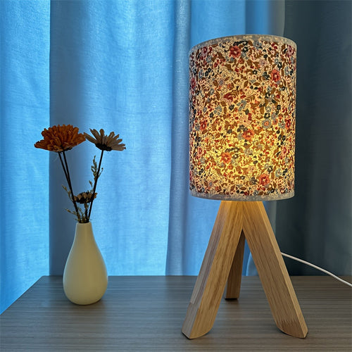 WoodLight - Modern Wooden Table Lamp with Fabric Shade, USB Powered, Push-Button LED Night Light