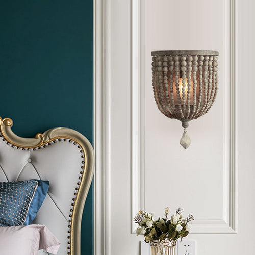 Rustic Beaded Lamp - Wooden Wall Light with Grey Beads for Living Room