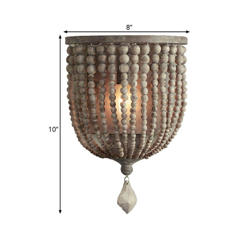 Rustic Beaded Lamp - Wooden Wall Light with Grey Beads for Living Room