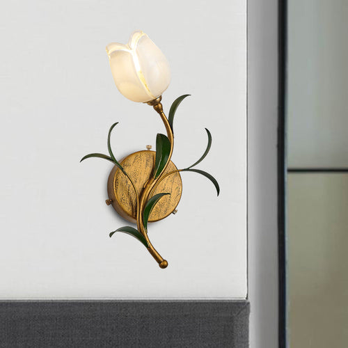 TulipGlow - Rustic Brass Wall Light with White/Yellow Glass Flower