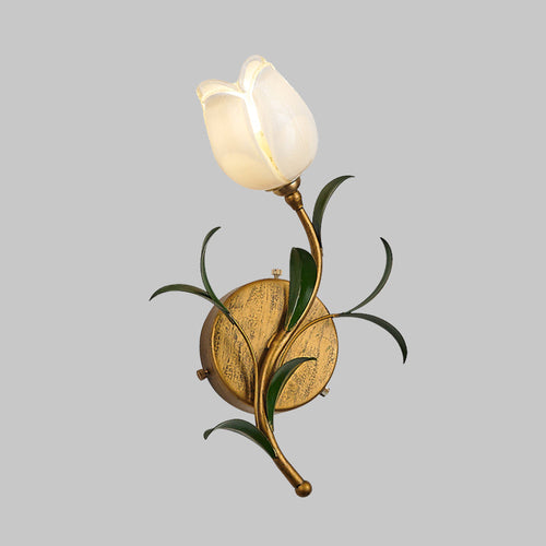 TulipGlow - Rustic Brass Wall Light with White/Yellow Glass Flower