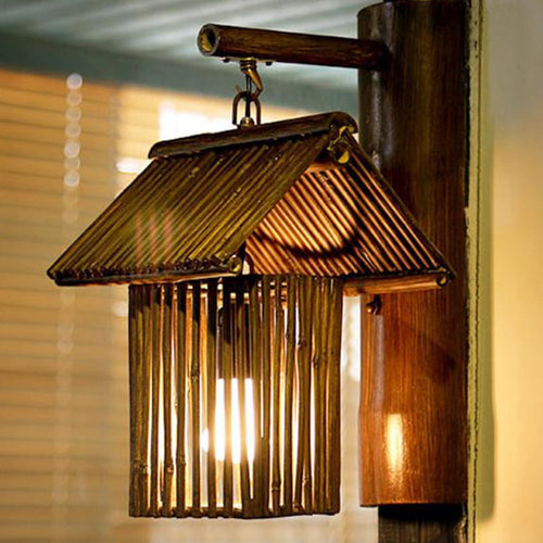 Bamboo Wall Lamp - Asian Wall Light in Dark Coffee/Khaki