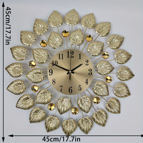 Modern Silent Wall Clock with Golden Leaf Design – Metal, Round, Non-Ticking for Living Room & Dining Room