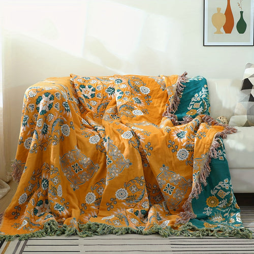 Floral Sofa Throw Blanket with Tassels – Cotton Vintage Floral Pattern, for Sofa, Air Conditioning & Napping
