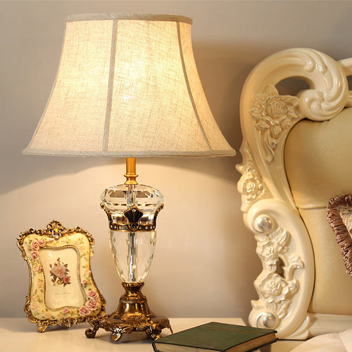 Modern Crystal Night Light - Curved Fabric Table Lamp in Beige