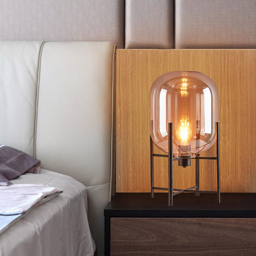 Modern Oval Night Light - Smoke Grey/Cognac Glass Shade with Vertical Metal Base