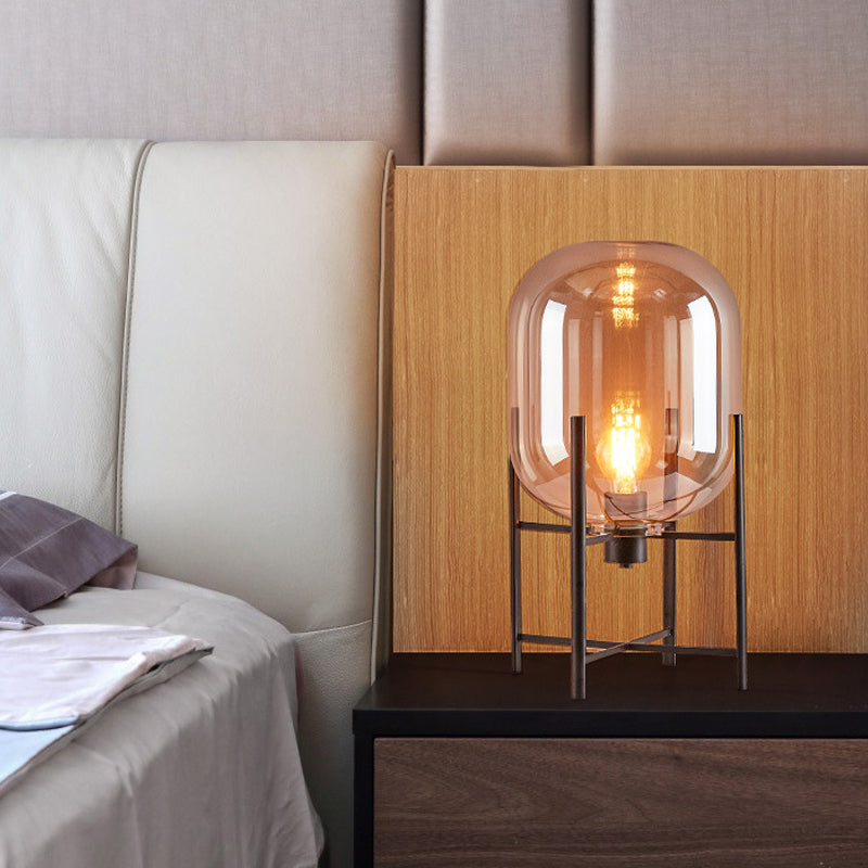Modern Oval Night Light - Smoke Grey/Cognac Glass Shade with Vertical Metal Base