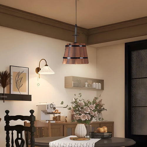 1/3-Light Rustic Wooden Bucket Shade Pendant Light for Cafe Bar