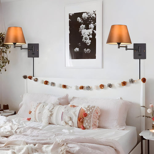 1-Light Plug-In Swing Arm Wall Lamp with Linen Shade