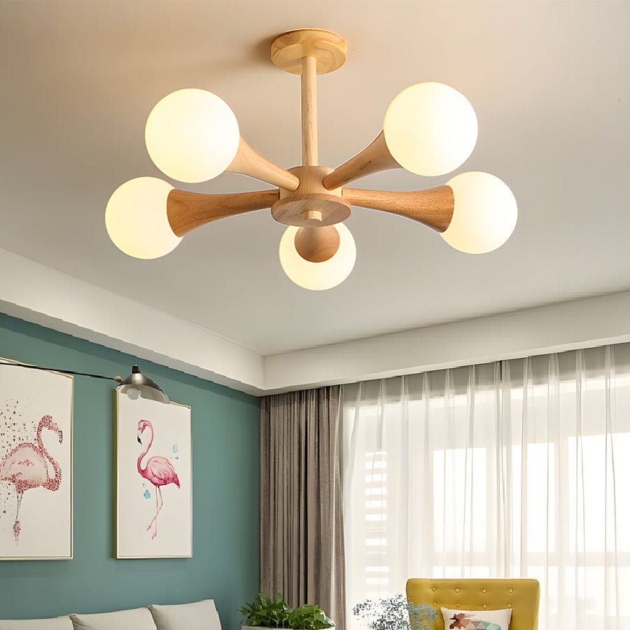NordicGlow - Scandinavian Wooden Chandelier with Glass Shades