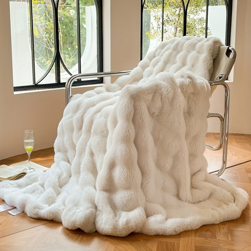 1pc Faux Rabbit Fur Bubble Fleece Blanket – Luxury Soft Sofa Blanket, Thick Warm Fleece Blanket for Napping & Air Conditioning
