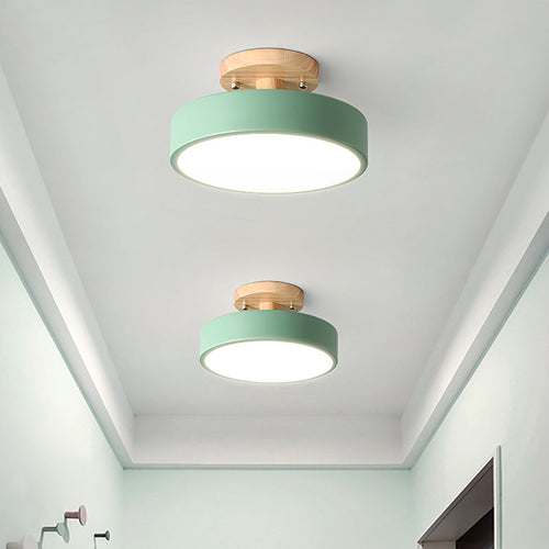 Scandinavian Drum LED Ceiling Light with Wood for Hallway