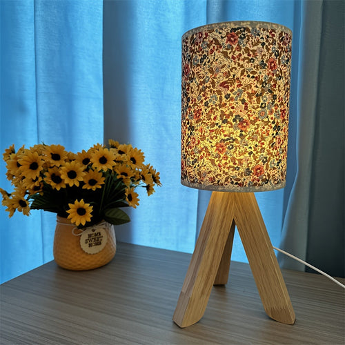 WoodLight - Modern Wooden Table Lamp with Fabric Shade, USB Powered, Push-Button LED Night Light