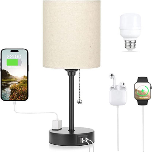 Bedroom Lamp - 3 Color Temperatures, USB-C and USB-A Ports, Pull Cord Table Lamp with AC Outlet