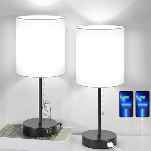 Set of 2 Table Lamps with USB Charging Ports - Modern Grey Bedside Lamps with AC Outlet and Pull Switch