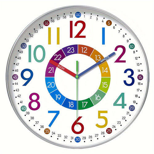 Silent Educational Wall Clock with Colourful Hands