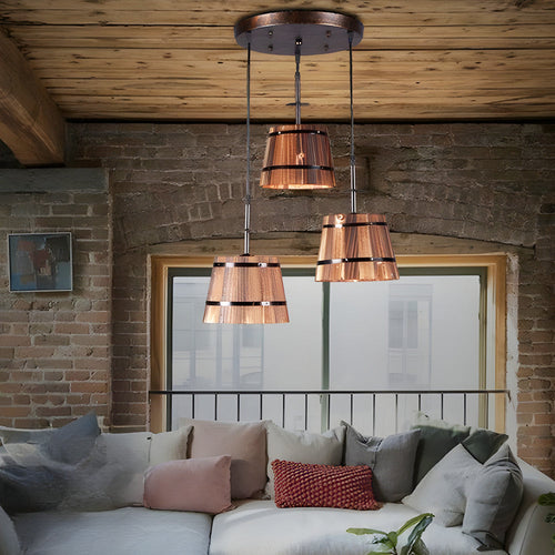 1/3-Light Rustic Wooden Bucket Shade Pendant Light for Cafe Bar