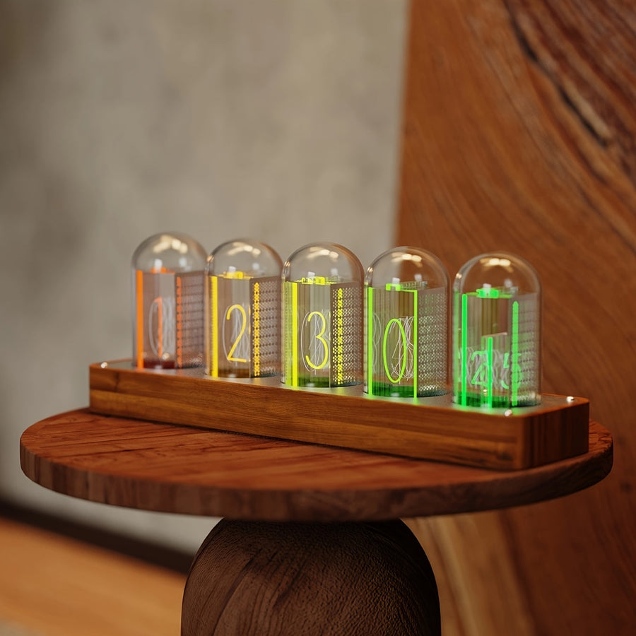 ClocTeck Nixie Tube Clock – Retro Digital Desk Clock with Wi-Fi Time Calibration (Walnut)