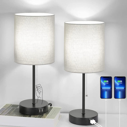 Set of 2 Table Lamps with USB Charging Ports - Modern Grey Bedside Lamps with AC Outlet and Pull Switch