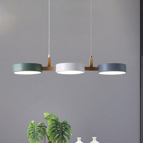 Modern Wooden Arm Pendant Light with Multicolor Cylinders - 3 LED Heads