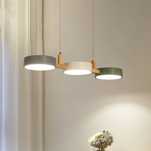 Modern Wooden Arm Pendant Light with Multicolor Cylinders - 3 LED Heads