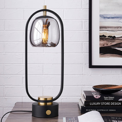 Smoke Grey Mirror Glass Table Lamp - Designer Reading Lamp with Black Oval Frame