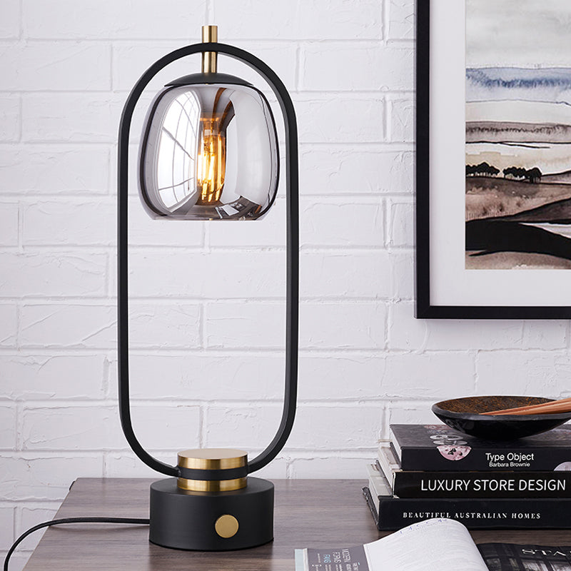 Smoke Grey Mirror Glass Table Lamp - Designer Reading Lamp with Black Oval Frame