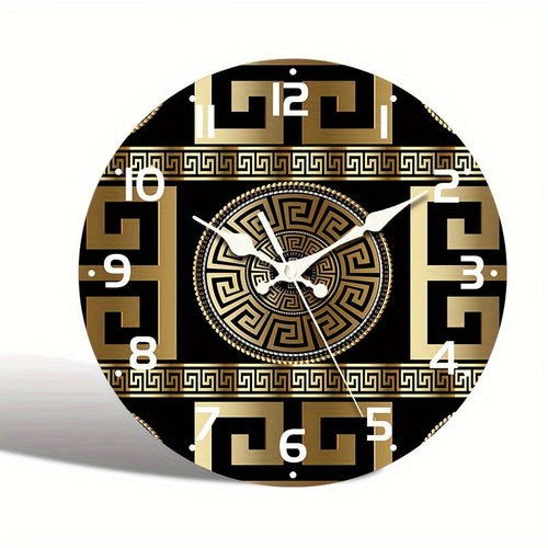 Silent Non-Ticking Wooden Wall Clock - Greek Key Design, Quartz Mechanism