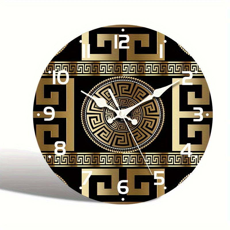 Silent Non-Ticking Wooden Wall Clock - Greek Key Design, Quartz Mechanism