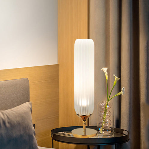 GoldCyl - Modern LED Table Lamp with Ribbed Glass Shade