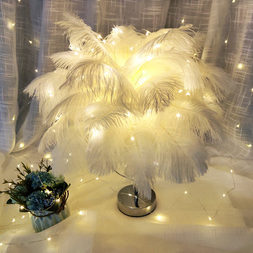 Palm Tree Feather LED Table Lamp - Romantic Pink/White Night Light with K9 Crystal Drop