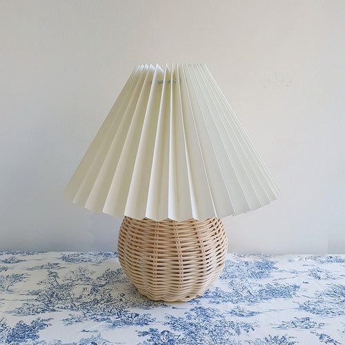 Round Bamboo Rattan Table Lamp - Modernist White Night Light with Pagoda-Shaped Fabric Shade