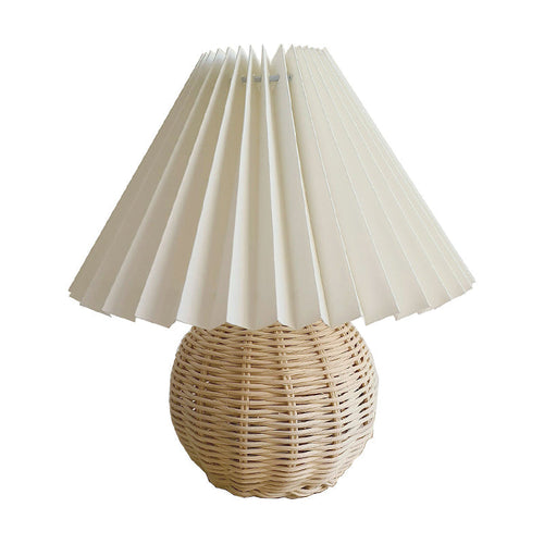 Round Bamboo Rattan Table Lamp - Modernist White Night Light with Pagoda-Shaped Fabric Shade