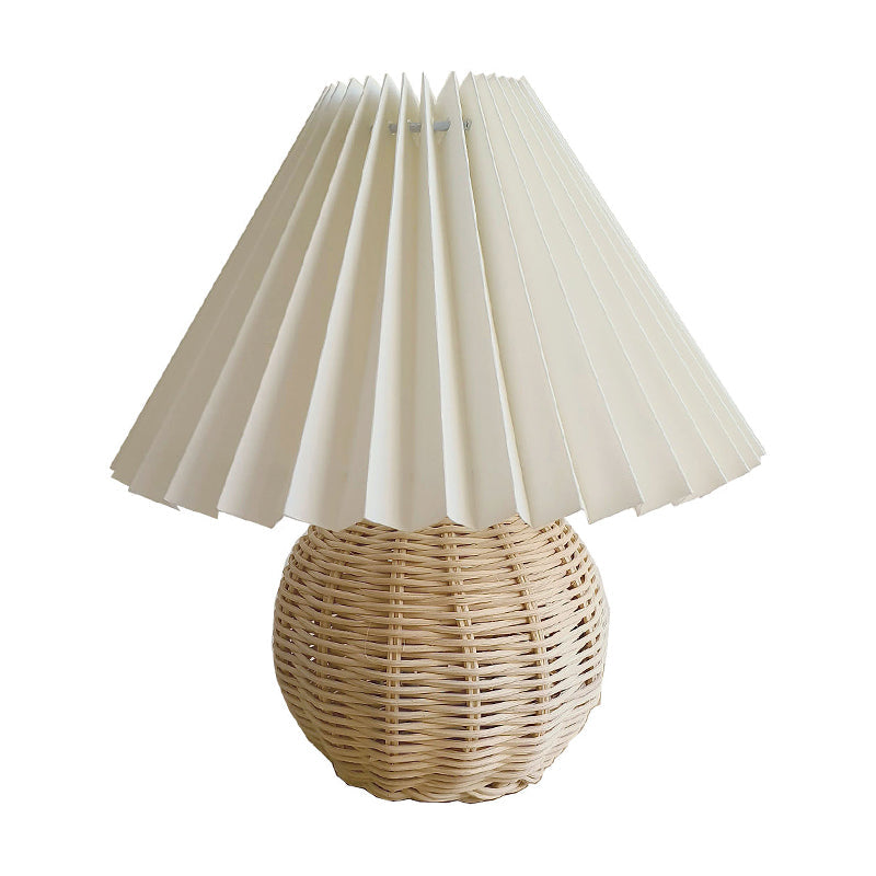 Round Bamboo Rattan Table Lamp - Modernist White Night Light with Pagoda-Shaped Fabric Shade