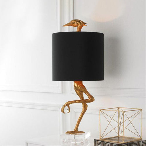 Ostrich Nightstand Lamp - Classic Gold Bedroom Lamp with Black Cylinder Fabric Shade
